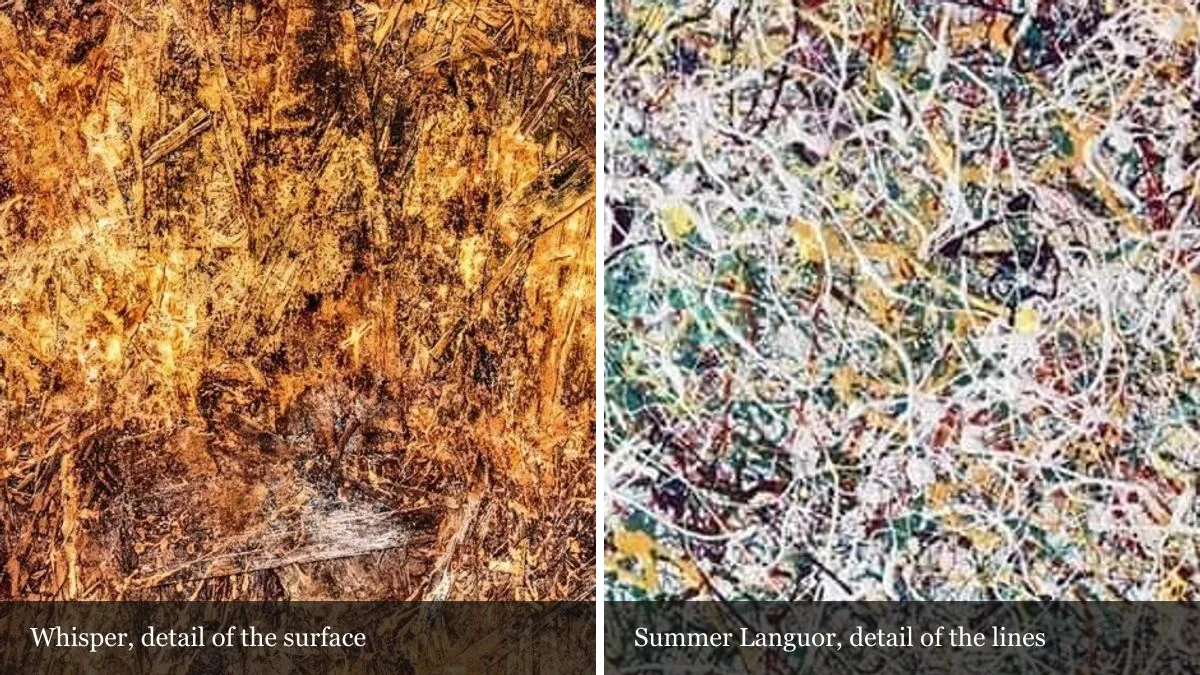 Two magnified details side by side: a rough amber and dark brown surface of pressed, splintered strands from Whisper, and white, yellow and green trailed lines crossing one another from Summer Languor