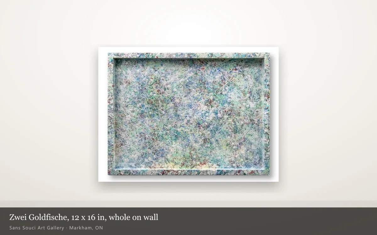 Zwei Goldfische shown whole on a lit gallery wall, 12 by 16 inches