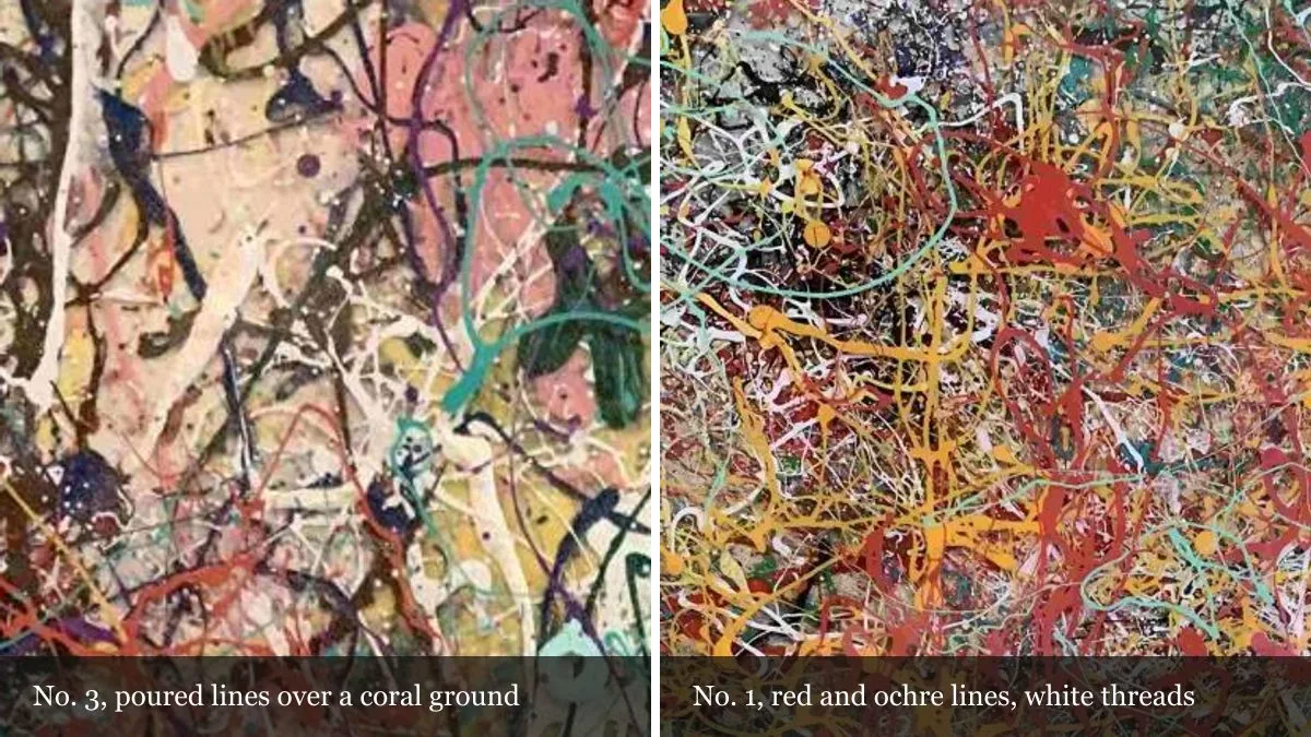Two magnified details side by side: dark, white and turquoise poured lines over a coral and pink ground from Decorative Composition 3, and a dense tangle of red and ochre lines with white threads from Decorative Composition 1