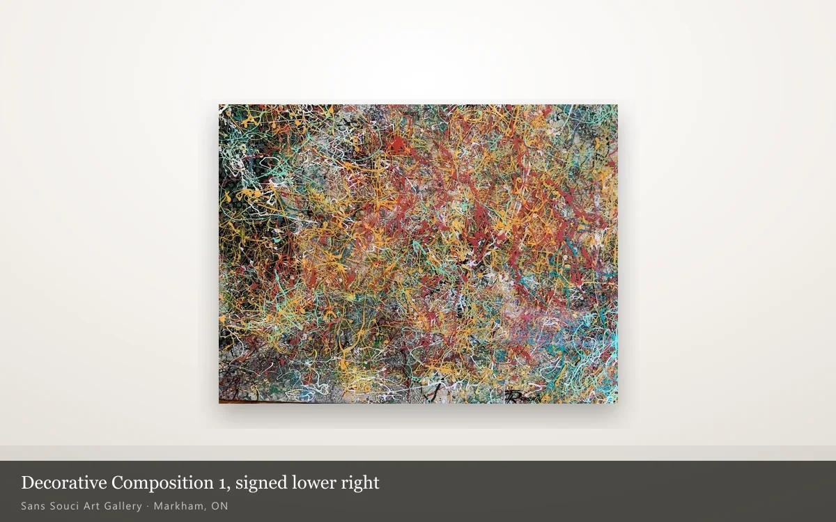 Decorative Composition 1 shown whole on a pale wall: a landscape panel covered in red, ochre, white and mint green poured lines, with a small dark signature near the bottom right edge