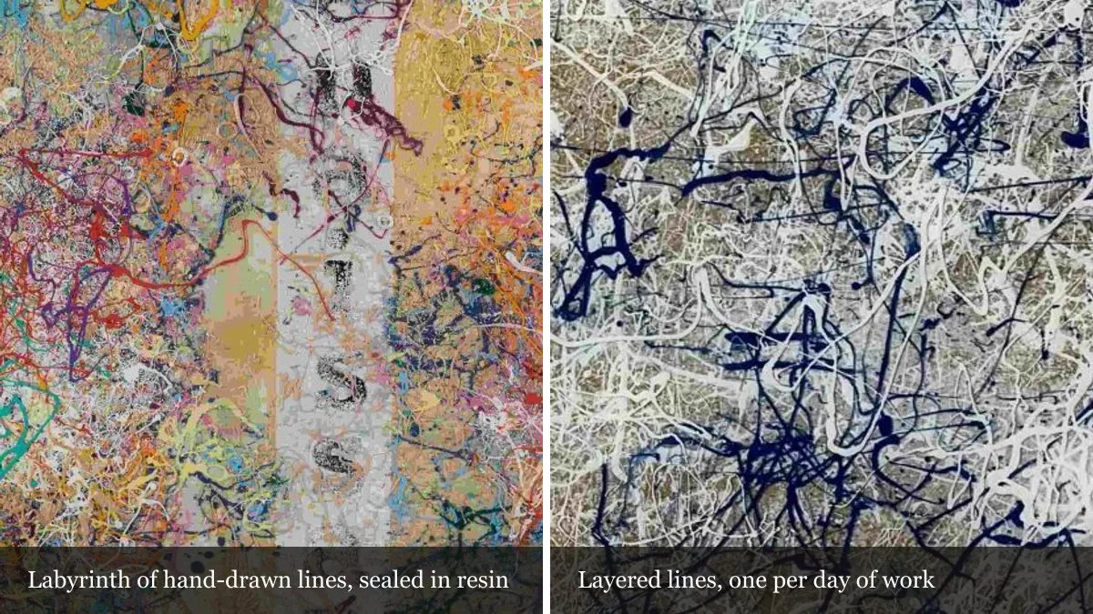 Diptych: hand-drawn line detail on Renaissance 2020 next to a layered acrylic detail on My Star