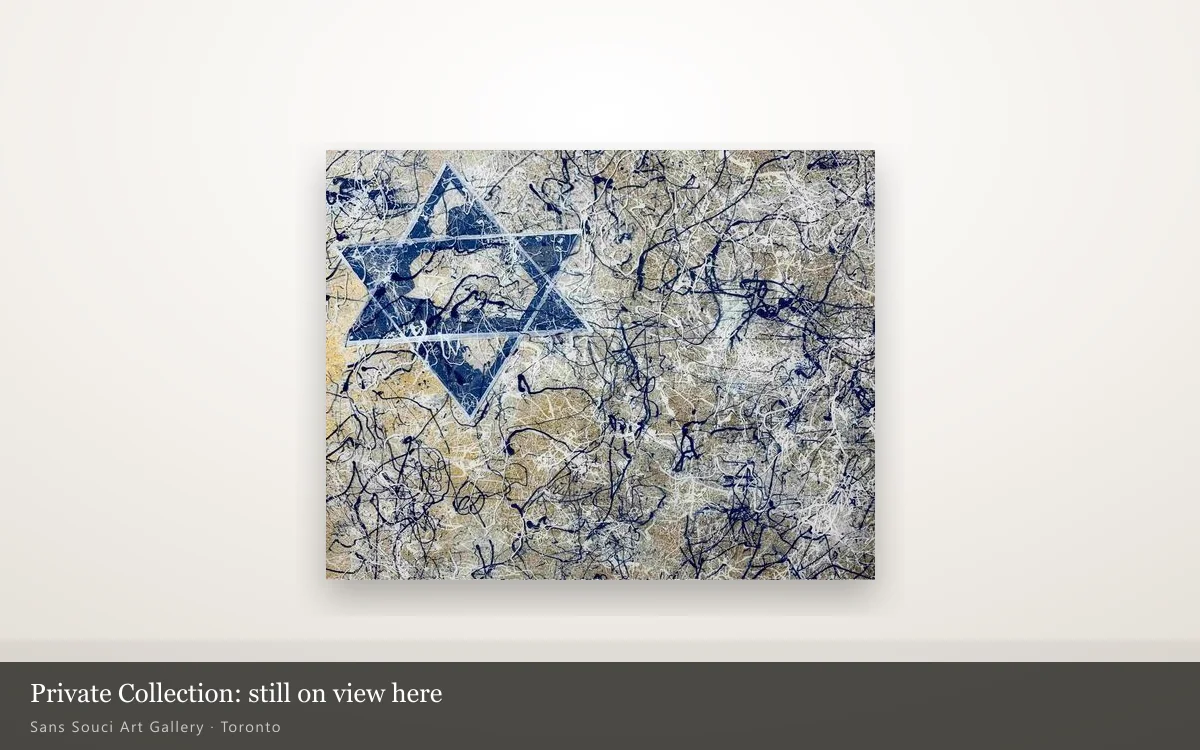 My Star, an acrylic and resin painting on wooden board, hung whole on a lit gallery wall