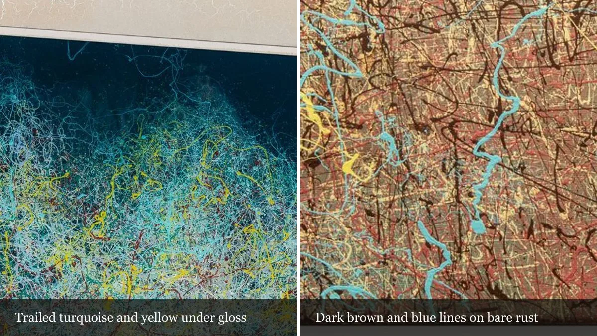 Two magnified details side by side: trailed turquoise and yellow lines under a glossy resin coat, and dark brown and blue lines on a bare rust-coloured canvas