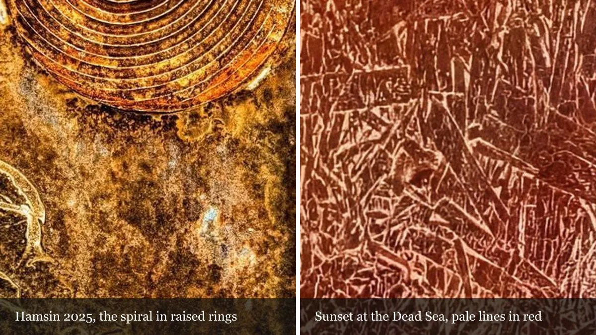 Left: the raised concentric spiral in Hamsin 2025. Right: pale incised lines in the red field of Sunset at the Dead Sea.
