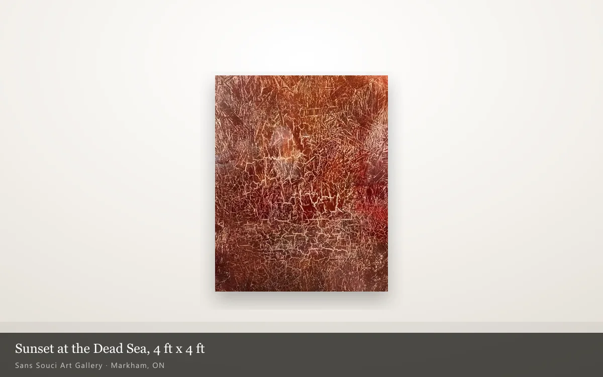 Sunset at the Dead Sea, 4 ft by 4 ft, hung whole on a lit gallery wall at Sans Souci Art Gallery in Markham.
