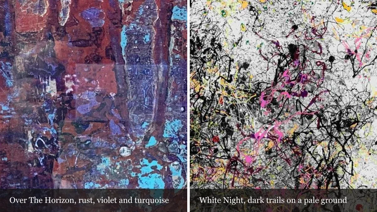 Left: a detail of Over The Horizon in rust, violet and turquoise. Right: a detail of White Night, black and pink trails on a pale ground.