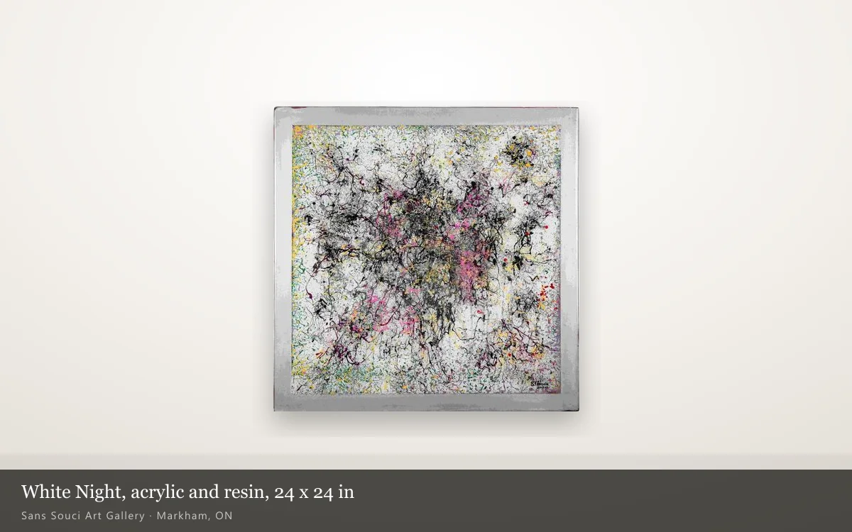 White Night, acrylic and resin on fibreboard, 24 by 24 inches, hung alone on a pale gallery wall.