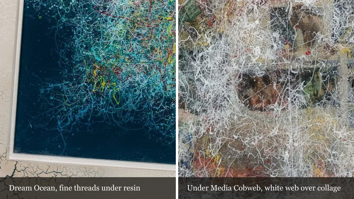 Two magnified details side by side: turquoise, yellow and red threads on dark blue beside a crackled cream border from Dream Ocean, and a white poured web over collaged cuttings from Under Media Cobweb