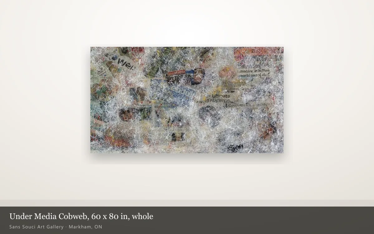 Under Media Cobweb shown whole on a pale gallery wall: a wide landscape panel of newspaper cuttings under a white web of poured lines