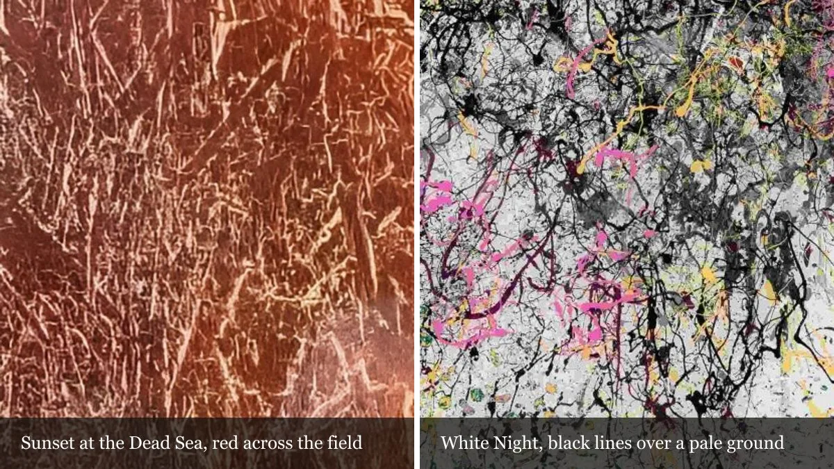 Two magnified details side by side: a dense red field of scratched texture from Sunset at the Dead Sea, and black drip lines over a pale ground from White Night