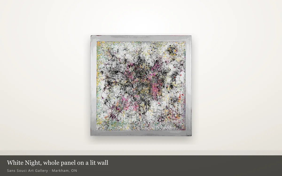 White Night hanging whole on a lit gallery wall, its pale field and black lines reading quietly from a distance