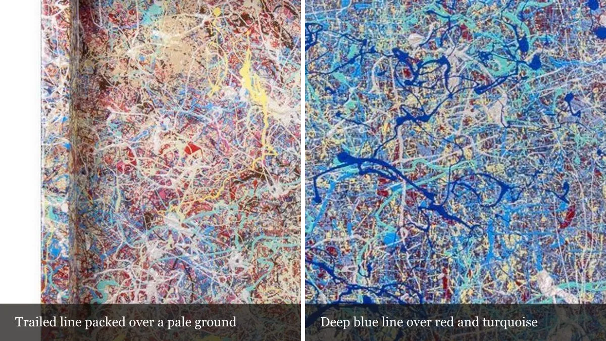 Two magnified details side by side: dense trailed line over a pale ground, and deep blue line over red and turquoise
