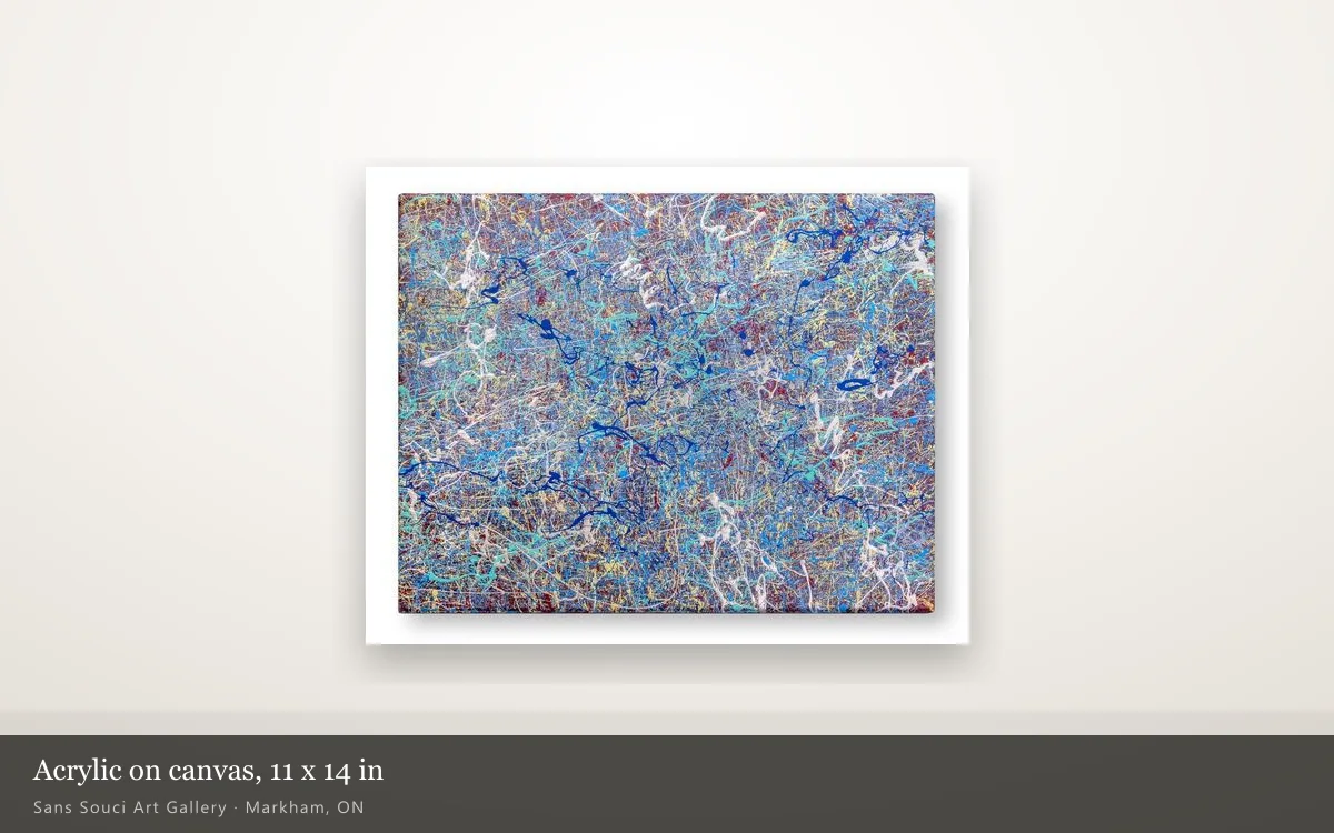 Blue, White hung whole on a lit gallery wall, with a caption plate giving its materials and size