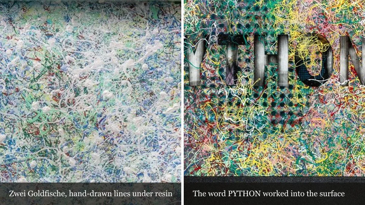 Two magnified details side by side: pale hand-drawn lines over blue and green on Zwei Goldfische, and the word PYTHON worked into the coloured line surface of Fluently Python