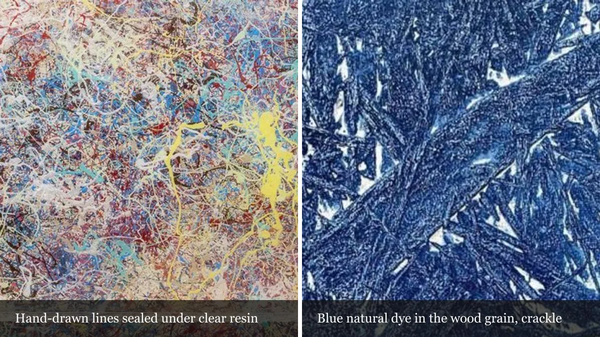 Two magnified details side by side: hand-drawn lines under clear resin, and blue natural dye in wood grain