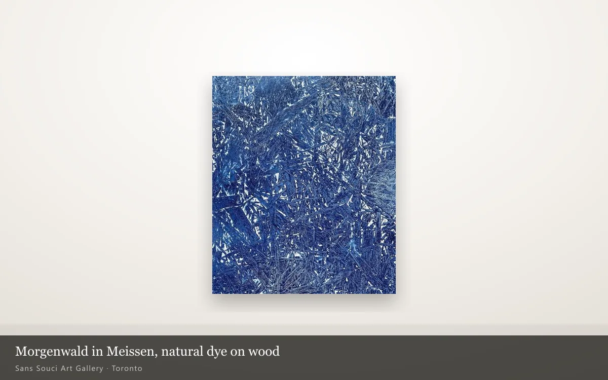 Morgenwald in Meissen, a natural dye and resin painting on wood, hung whole on a lit gallery wall