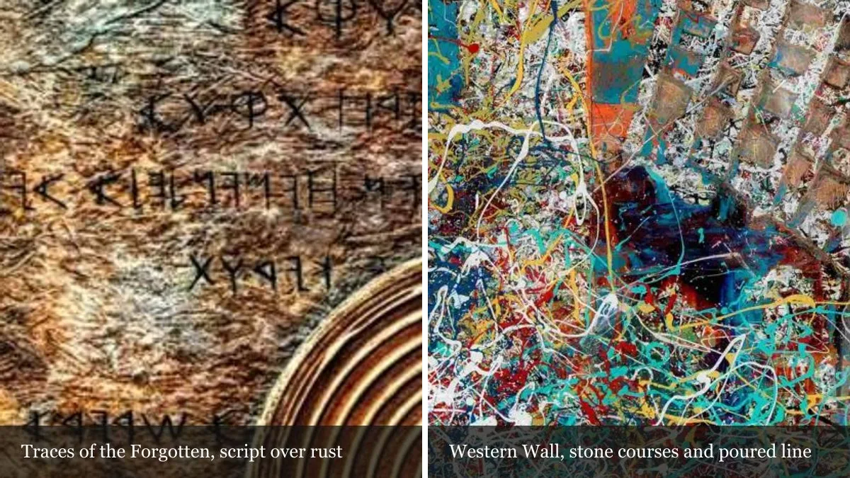 Two magnified details side by side: rows of incised script over a rusted ground in Traces of the Forgotten, and stone courses crossed by poured lines in Western Wall