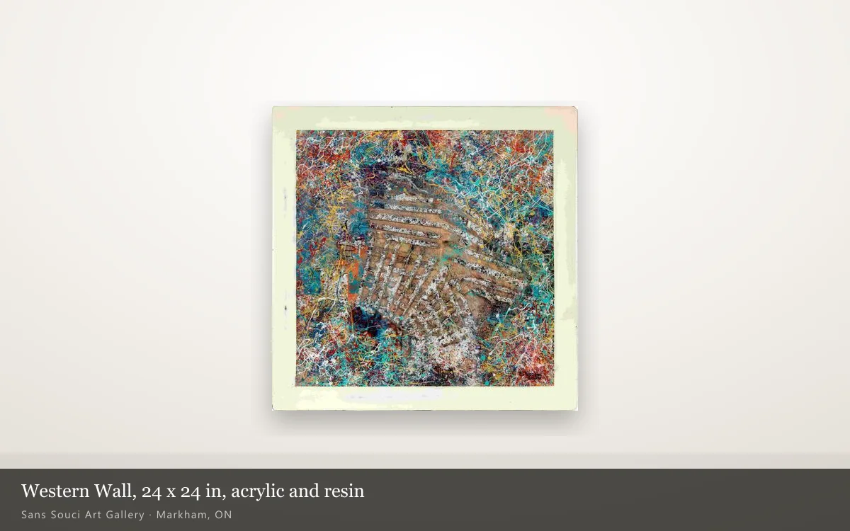 Western Wall by Sergei Troshin shown whole on a lit gallery wall, a 24 by 24 inch square panel with pale stone courses under dense poured line