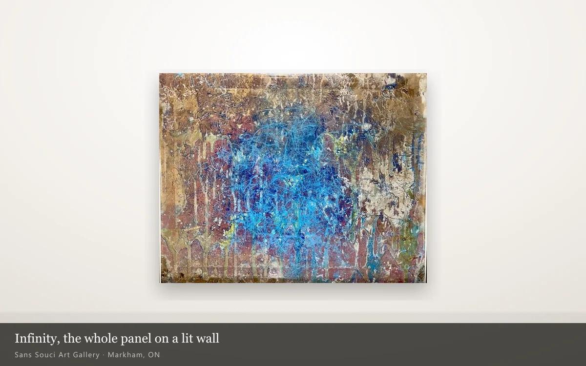 Infinity by Sergei Troshin, the whole panel hanging on a lit gallery wall: a dense blue centre of drawn lines over a red-brown and ochre ground.