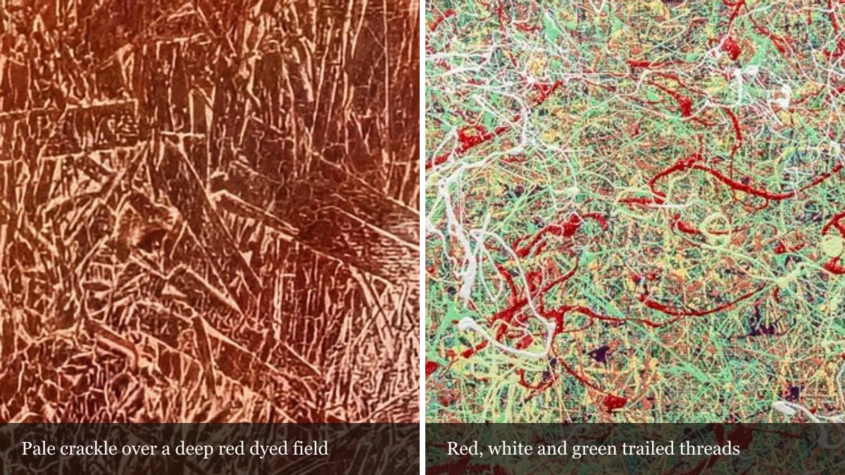 Left: pale crackle lines running across the deep red dyed field of Sunset at the Dead Sea. Right: red, white and pale green trailed threads across the surface of Christmas.
