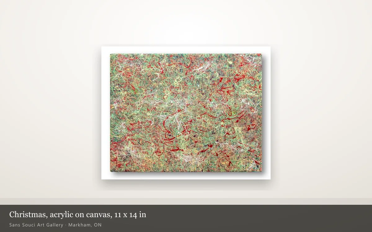Christmas, an 11 by 14 inch acrylic painting on canvas of dense red, white and green trailed line, hung whole on a lit gallery wall.