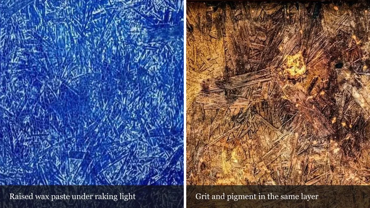 Two magnified details: natural dye sunk into wood grain, and layered wood and rust