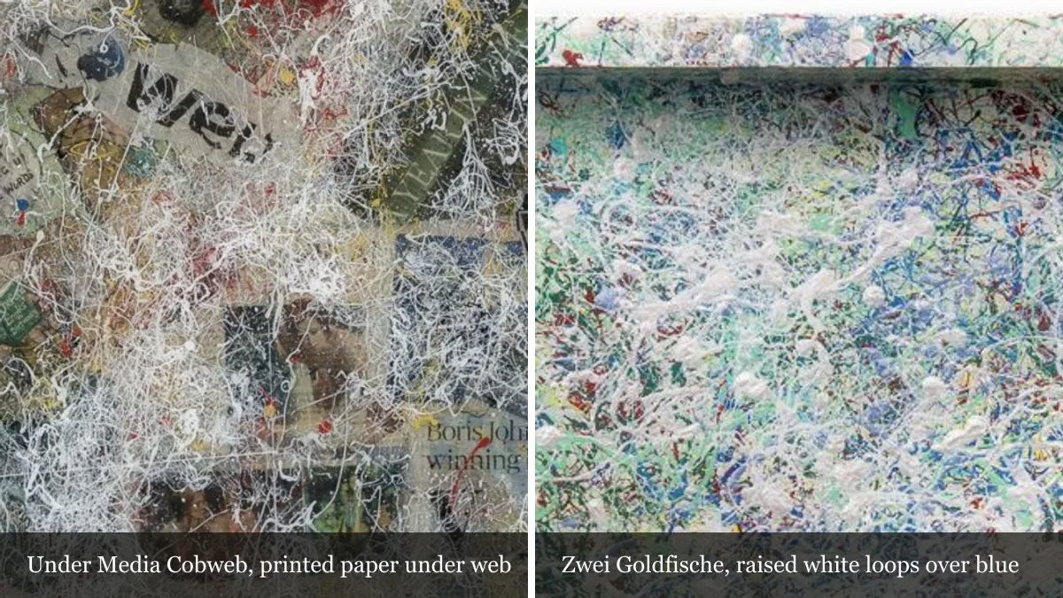 Two magnified details: printed paper fragments under a white web in Under Media Cobweb, and raised white loops over blue and green lines in Zwei Goldfische