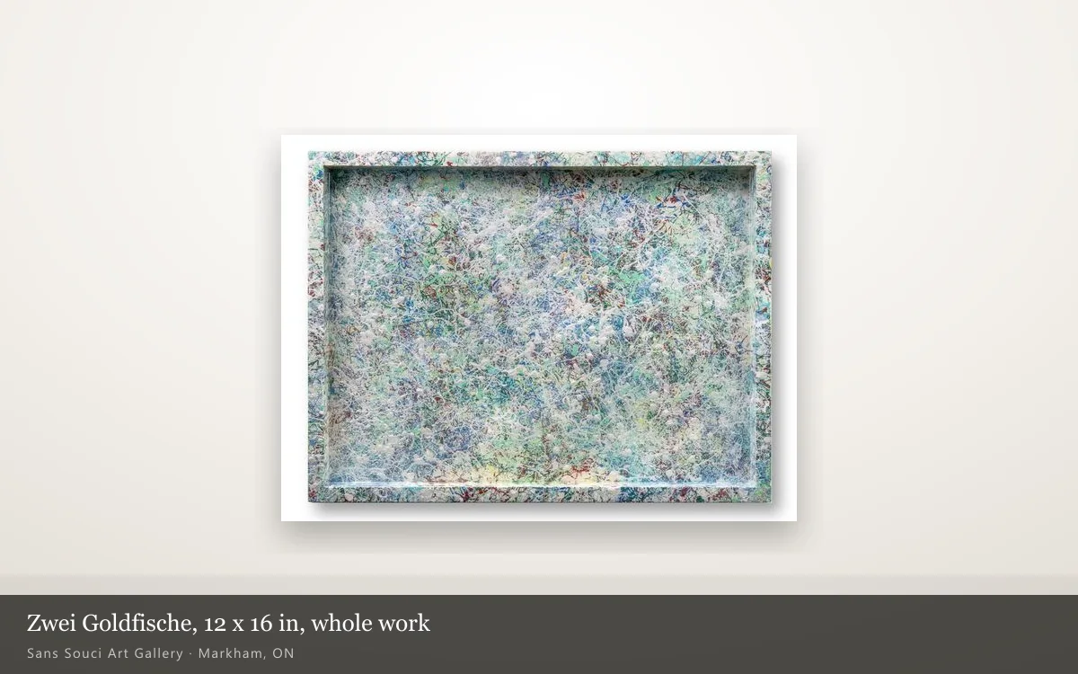 Zwei Goldfische, 12 by 16 inches, shown whole on a lit gallery wall