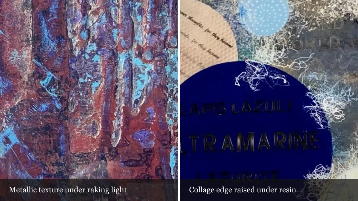 Diptych: raised metallic texture on Over The Horizon beside a raised collage disc on 5 Shades Of Blue