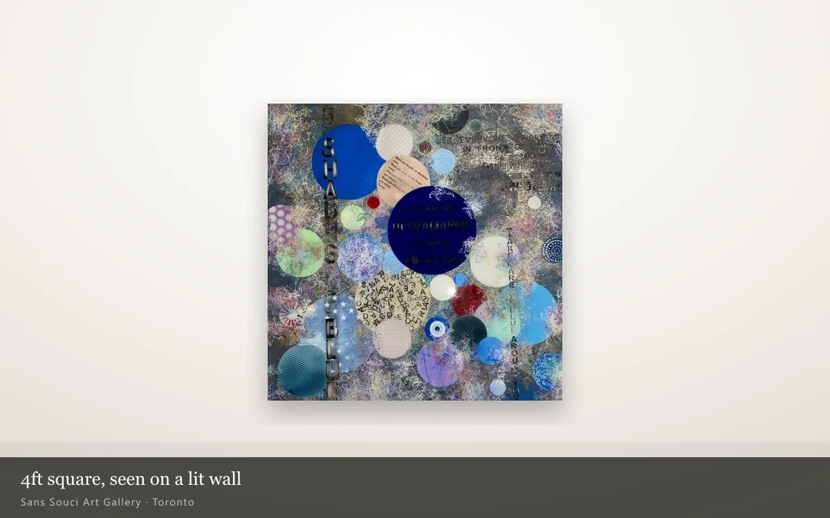 5 Shades Of Blue, the whole four-foot canvas, hung on a lit gallery wall