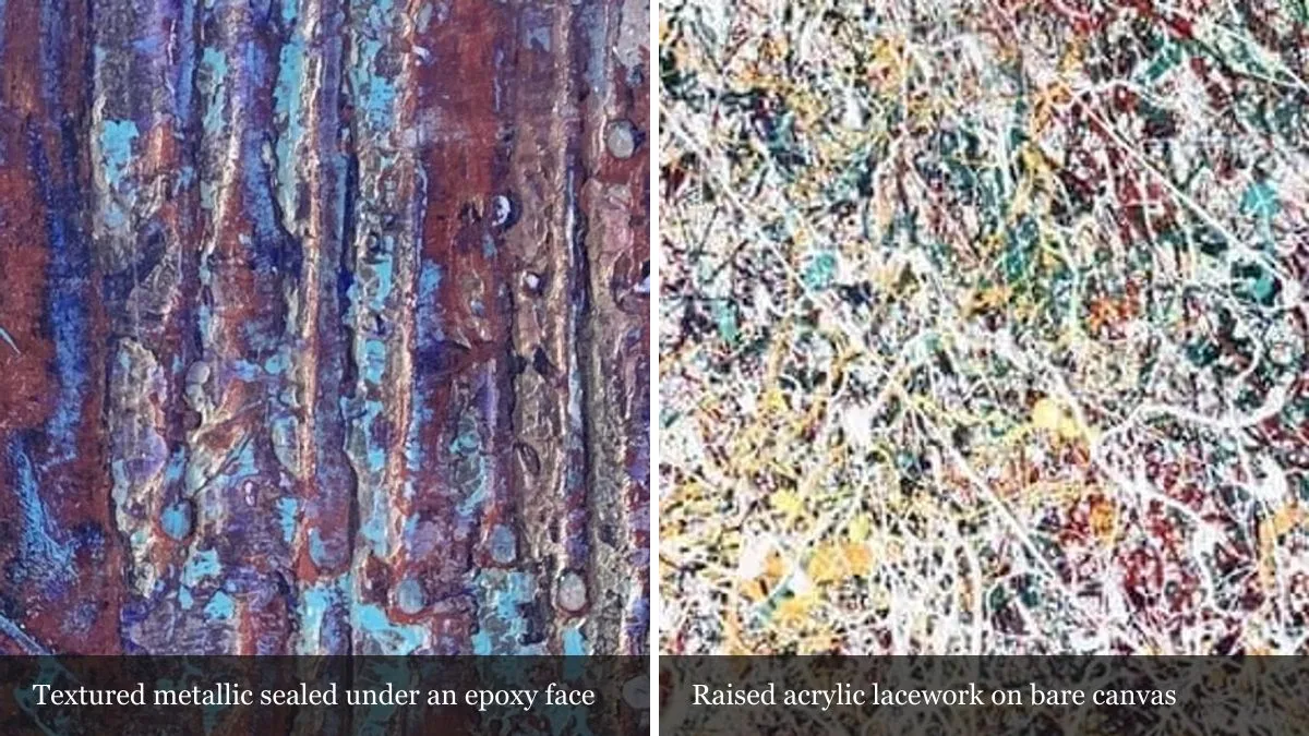 Two magnified details side by side: ridged metallic texture sealed under a glossy epoxy face, and a web of raised white and coloured acrylic lines on bare canvas
