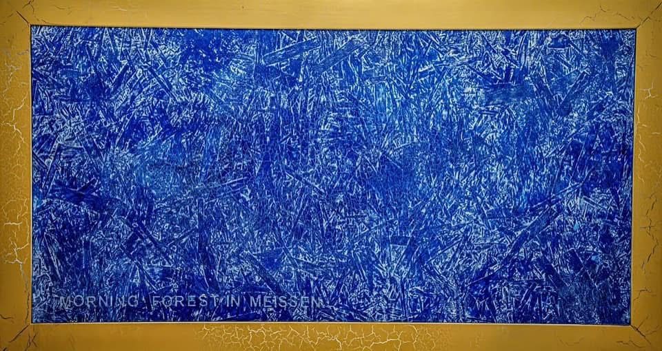 Morning Forest in Meißen (2023) — Acrylic, natural dyes, resin, wax paste, and diamond dust on wooden board (framed) by Sergei Troshin